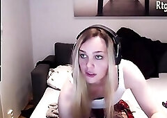 slim european blonde tgirl in fishnet pantyhose shows off her sexy feet legs on webcam