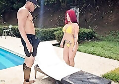 A pool attendant gives his redheaded boss a fellatio outdoors - Brandon Cruz & Alejandra Palacios