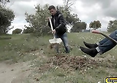 Robbies gay anal is busted by Theos big dick