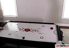 See those 2 gals play an intensive game of disrobe air hockey. Loser gets bound to the door and has her snatch satisfied with a dildo.