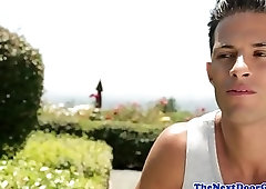 Muscular jock wanks his cock in closeup