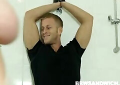 BBW threesome sex in the public shower with BDSM props