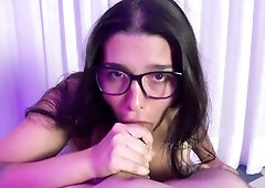 Beauty wearing hawt glasses gives ally a oral and finishes him off on her throat