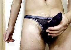 Solo play with sexy blue mesh panties