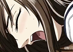 She gets fingered from behind and squirts in the toilet, then gets a handjob, a blowjob and bukkake.