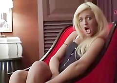 Skinny blonde shemale Jennica Zybach strips to boots and strokes