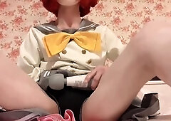 Japanese cosplay babe enjoys anal masturbation with toys