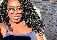 JOI - Young black girl enjoying herself while masturbating her creamy pussy in her backyard. BRUB