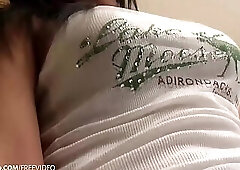 Brunette ladyboy strips her blue jeans and pulls out a hairy cock