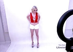We welcome this week a super sweet 19 blonde with beautiful natural tits to her first modeling audition at which she seemed so anxious but uber cute