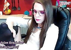 slim teen brunette glassesed tgirl in stockings strokes her small balls and cock