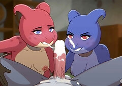 Two lizard women share a wolf man in a dungeon threesome with face sitting and oral