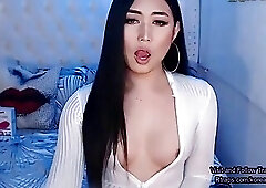 pretty korean tgirl strokes her cock on webcam