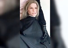 My enchanting model Jennifer sits patiently fully bare during the time that I put hairdressing capes over her body and touch her intimate areas