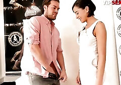 Sexy Czech brunette hair with large titties went to a porn movie casting to ride a hard schlong