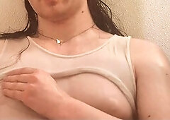 Having a blast with my funbags in the shower rocking a sheer white tee with Fena