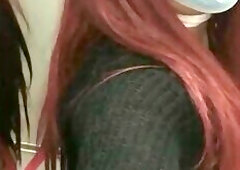 Sexy shemale in thong taking selfie in elevator and lobby