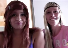 Valeria and her kinky girlfriend give blowjob to a dude with super tiny dick