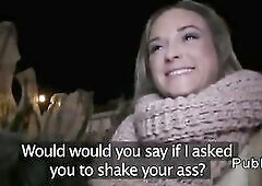 Nice-Looking Czech amateur sweetheart with large titties takes money from stranger in public and then pounds his large wang on the back seat of his ca