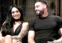 Hawt breasty darksome haired serf transsexual Eva Maxim is fastened in leather cuffs to the ceiling and submits to slaver Ricky Larkin then this chab 