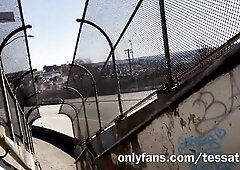 Tessa Yummy Squirts on a Town Bridge