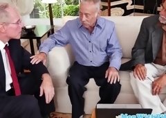 Gorgeous teen sucking three pensioner cocks