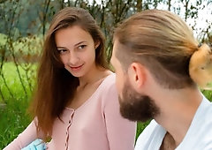 Hot brunette teen Alice Kingsly likes o8utdoor dick-riding