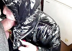 Glossy Downjacket Cum Play. Sloppy BJ, Doggy and Triple Cum on My Butt