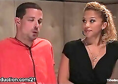 Handcuffed guy fucked by busty tranny