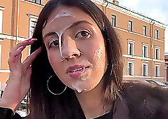 A stranger jerked off and sucked my dick in the parking lot and walked around with cum on her face - Cumwalk