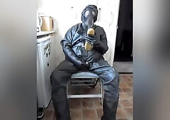 Dark rubber NBC costume jack off.