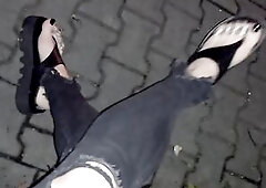 Out for a night walk in my thick platform sandals... ebony toes full of silver rings, flexing and teasing each chap who stares. Those crossdresser fee