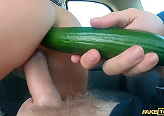Perverted cabbie penetrates her anus using long and thick cucumber!