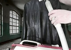Vacuuming Girlfriend's Italian Leather Cute Jacket with vintage Electrolux Vacuum Cleaner