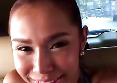 Cute Thai shemale Benz shows of her squeezable tits and rides Bos bbc