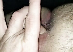Crossdressing corpulent man fingering rectal hole