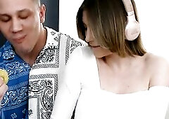 Eating an apple and listening to music is a great way to relax for a tattoed teen. Her boyfriend came into the room sexually excited and wanted to hav