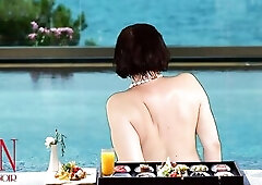 Regina Noir. Melons teasing at swimming pool. Nudist hotel. Nudism outdoors.