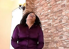Curvy Ebony MILF Teases In Purple Shirt And Toys Herself On Bed