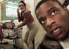 Leila Larocco is sucking a large, ebony ramrod in the grocery shop, previous to riding it