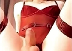 Femboy in red sexy bodysuit CUMpilation! Cum from anal, fisting and feet