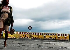 tranny ladylike public stroking ejaculation pleated satin furry