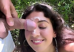 Walking with hot cum on my face on a public beach full of