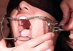 Three dominant guys fuck and humiliate bound brunette slave girl