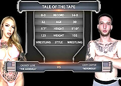Cody Carter and Cassidy Luxe face off in a wrestling studio with intense sex including facesitting and creampie