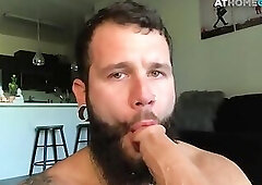 Bearded tattoo jock toying butt and jerking for cumshot