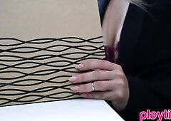 Curvy small Latin babe cougar undresses undressed in her office to disclose her wet bubble ass