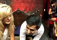 Sensual Jane Gets Her Pussy Rubbed While Her Friends Suck Dick In The Dungeon