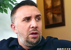 Pretty brunette named Janice can't resist Keiran's huge cock