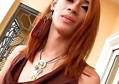 Cute ladyboy takes on giant white fuck stick in POV